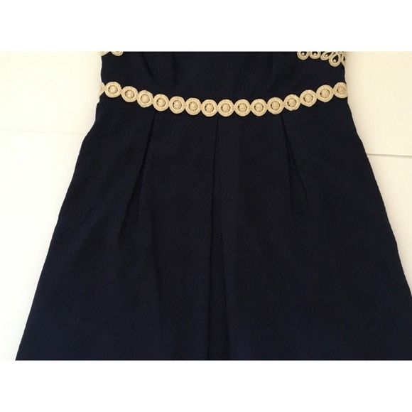 Lilly Pulitzer Betsey Navy Blue and Gold Jacquard Strapless Dress Size 8 - Picture 5 of 16